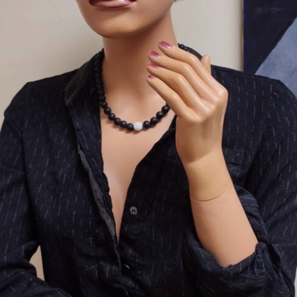 Matte Black Beads and crystals ball flex Bracelet and matching necklace set - Picture 2 of 8